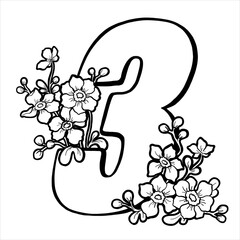 Decorative number 3 for coloring. Coloring book page, element of creativity. Figure with flowers. Vector digit isolated on a white background.