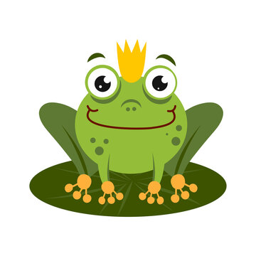 green king frog sitting on lotus leaf. cartoon character isolated on white background. frog prince with crown