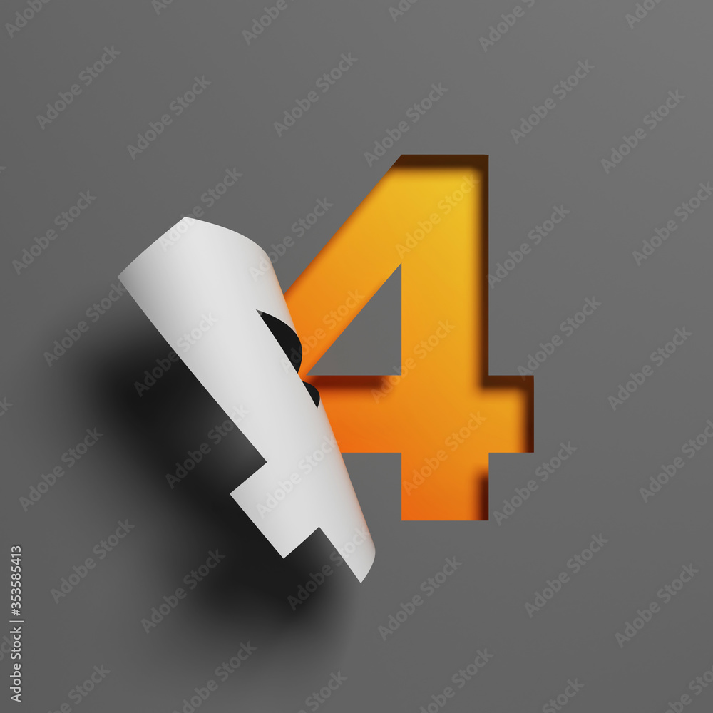 Poster curl paper font 3d rendering number 4