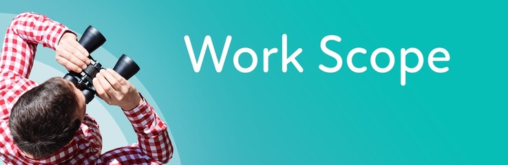 Naklejka premium Work Scope. Businessman (man) looks through binoculars. Birds eye view. Focus on text. Blue Background. Business, Finance, Statistics, Analysis, Economy