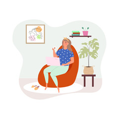 Freelancer young girl works from home. A young girl works on a laptop and holds a mug. The girl is sitting in a bean bag chair. Cartoon vector illustration.