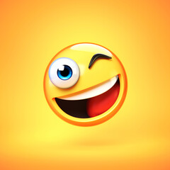 Winking emoji isolated on yellow background, smiling face emoticon 3d rendering