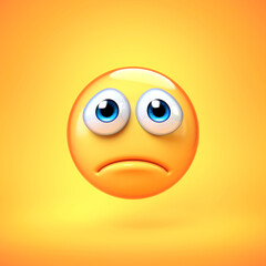 Sad emoji isolated on yellow background, depressed emoticon 3d rendering