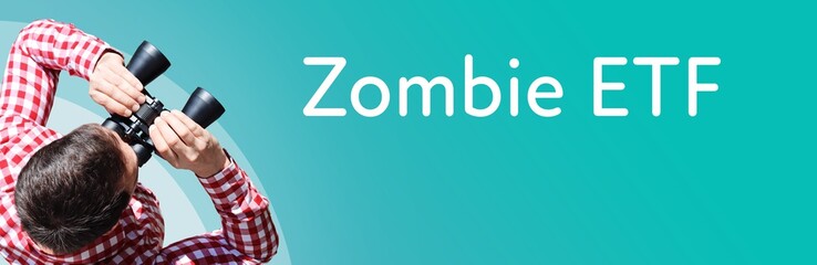 Fototapeta premium Zombie ETF. Businessman (man) looks through binoculars. Birds eye view. Focus on text. Blue Background. Business, Finance, Statistics, Analysis, Economy