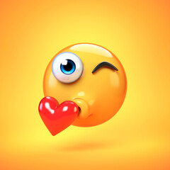 Kiss emoji isolated on yellow background, kissing face emoticon 3d rendering
