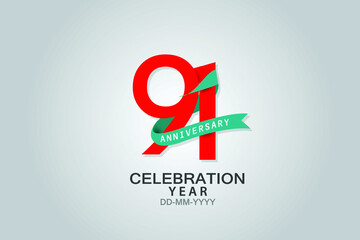 91 years anniversary blue ribbon celebration logotype. anniversary logo with Red text and Spark light white color isolated on black background, vector design for celebration, invitation vector