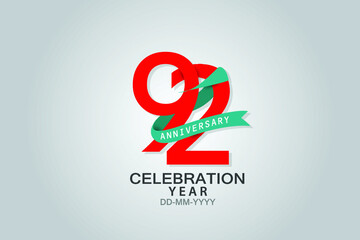92 years anniversary blue ribbon celebration logotype. anniversary logo with Red text and Spark light white color isolated on black background, vector design for celebration, invitation vector
