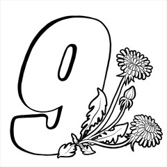 Number nine with dandelions. Page for children's creativity. Coloring book page. Flowers and numbers. Decorative vector numbers. Vector isolated on white background.