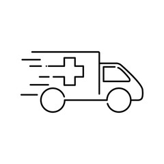 Icono plano lineal ambulancia con cruz y líneas de velocidad en color negro