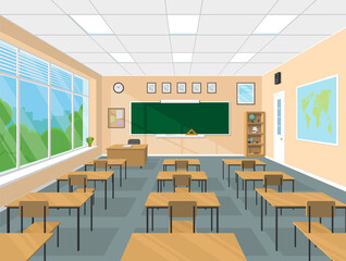 School or college classroom interior with chalkboard, teacher's table, desks, school supplies. Flat design vector illustration