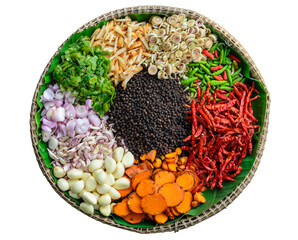 Set of various spices and herbs. Pepper, turmelic, ginger, saffron, basil, rosemary, chilly, cardamom, cinnamon, anise. Top view with copy space.