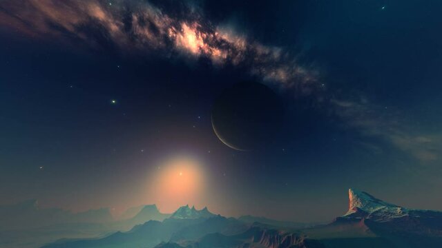 Mysterious Sunrise on an Alien Planet. Rocks are in dense brown fog. A bright sun rises from the horizon and hides behind a large moon. In the dark starry sky, a bright nebula.
