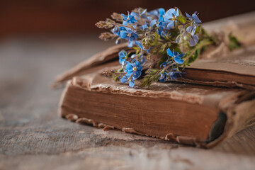 Vintage books with a bouquet of spring wild flowers. Nostalgic vintage atmospheric background.