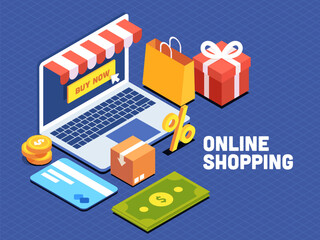 Online Shopping from Laptop with Percentage Symbol, Carry Bag, Gift, Parcel Box, Cash and Payment Card on Blue Grid Background.