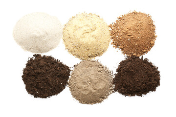 Heaps of different soils on white background