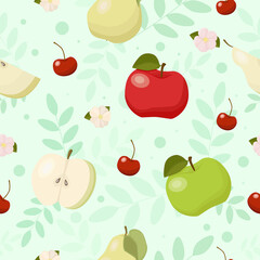 Vector seamless background with fruits, berries, flowers and leaves. Apples, pears, and cherries.