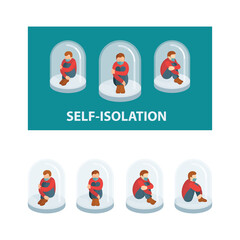 Social distancing. Self isolation concept vector illustration. Seating people under glass dome.