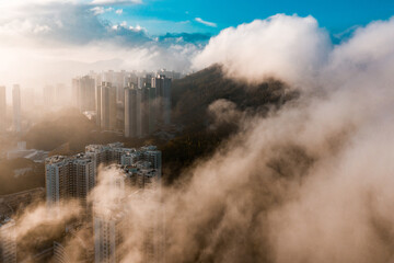 Fototapeta premium Hong Kong Aerial sunset sunrise cityscape landscape view scene