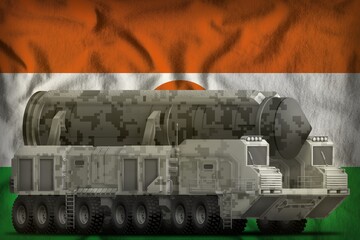intercontinental ballistic missile with city camouflage on the Niger national flag background. 3d Illustration