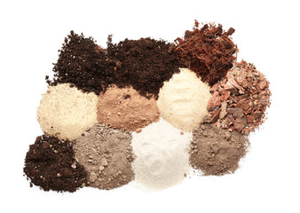 Heaps of different soils on white background