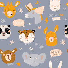 Cute kids scandinavian seamless pattern with funny animals, kids mobile toys, beanbag, leaves, flowers. Cartoon doodle  illustration for baby shower, nursery room decor, children design. Vector.
