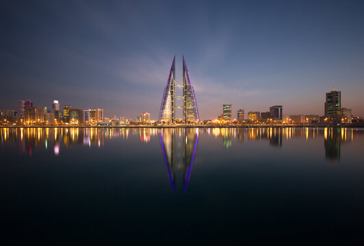 The Bahrain World Trade Center at night, a twin tower complex is the first skyscraper in the world to have wind turbines, February 05, 2018, Manama, Bahrain