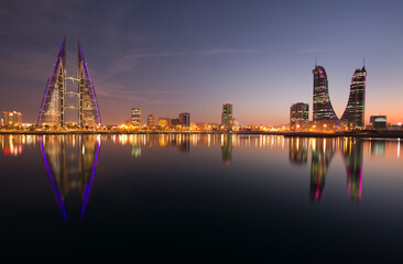 Bahrain skyline with iconic buildings, the Bahrain World Trade Center and the Financial hourbour...