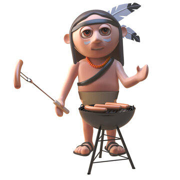3d cartoon Native American character cooking sausages on a bbq barbecue