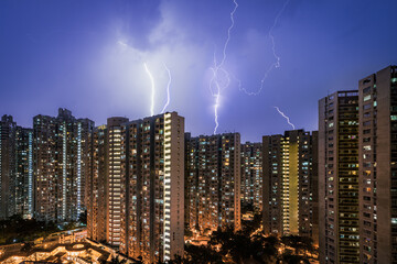 city at night with thunder