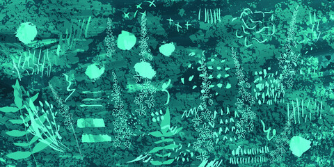 Creative artistic floral background with flowers, leaves and hand painted textures. Modern romantic graphic design for banner, poster, postcard, cover, invitation, placard, brochure or a web header.
