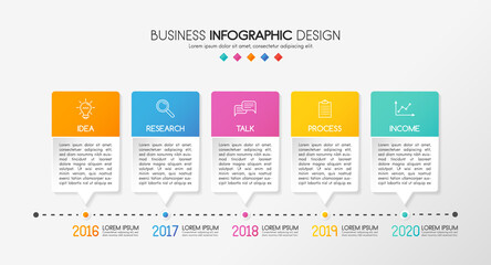 Business infograph with 5 steps. Colourful timeline. Vector