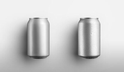 Set of carbonate small bottles, canned with juice or drink, with drops, isolated on a white background.