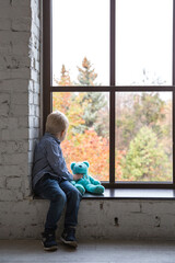 
The boy holds a blue bear and looks out the window at the autumn trees. Shot in the loft style in daylight.