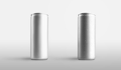 Mockup of standing aluminum packaging with drops and a refreshing drink for design presentation.