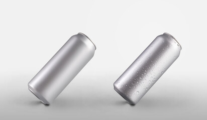 Set of silvery shiny cans with a power engineer, with condensation of water, isolated on background.