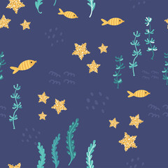 Fototapeta na wymiar Childish seamless pattern with fish, starfish and seeweed.