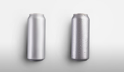 Mockup of tall empty shiny cans, with condensation of water, a tin bottle, isolated on a white...