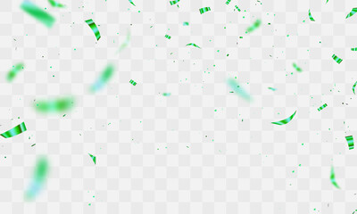 Celebration background template with confetti and green ribbons. Holiday Decorative Tinsel Element for Design