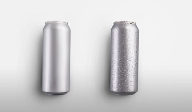 Mockup of tall empty shiny cans, with condensation of water, a tin bottle, isolated on a white background.