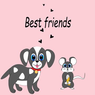 cute dog with mouse vector illustration, animal friendship