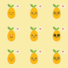 Cartoon character design. Oval kumquat with green leaf. cute and kawaii Fruit Flat vector illustration isolated on color background