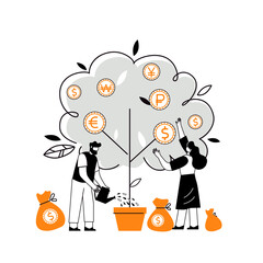 Flat vector illustration of profit from business investments. Metaphor of financial income. Investor strategy, financing concept. Characters that collect cash from the money tree.
