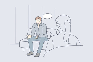 Healthcare, psychology, meeting, communication, help concept. Man boy telling woman psychiatrist about psychological problems. Psychotherapy practice consulting patient and mental stress treatment.