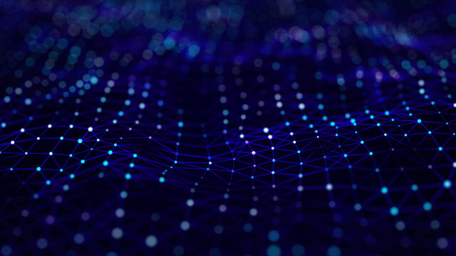 Digital dynamic wave. Abstract futuristic blue background with dots and lines. Big data visualization. 3D rendering. © ihor