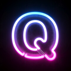 Fototapeta premium Neon 3d font, blue and pink neon light 3d rendering, letter Q