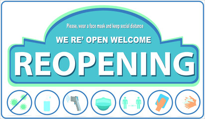 prevention tips for the prevention of COVID19 coronavirus contamination. Service, restaurant, shop and cafe re-opening. Template: door sign, banner, blog.