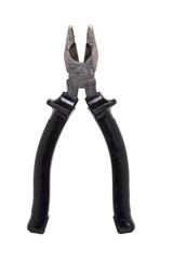 Pliers isolated. Close-up of an open rusty well used metal combination pliers with black handles isolated on a white background. Macro photograph.