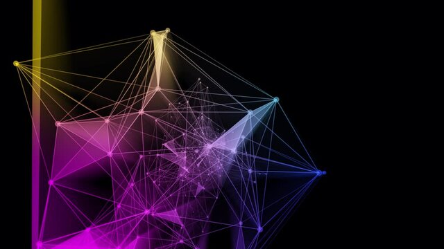 4k 3d abstract Digital background with graph made of nodes shaped bitcoin symbol.abstract neon geometrical lines with moving triangles and connection dots. 