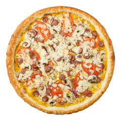 Delicious hot italian Pizza Pepperoni with mustard sauce, hunting sausages, mushrooms, red onion, tomato, oregano and cheese mozzarella