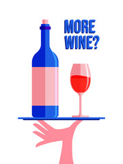 Wine bottle and glass on a tray held by a hand, vector illustration, modern colors